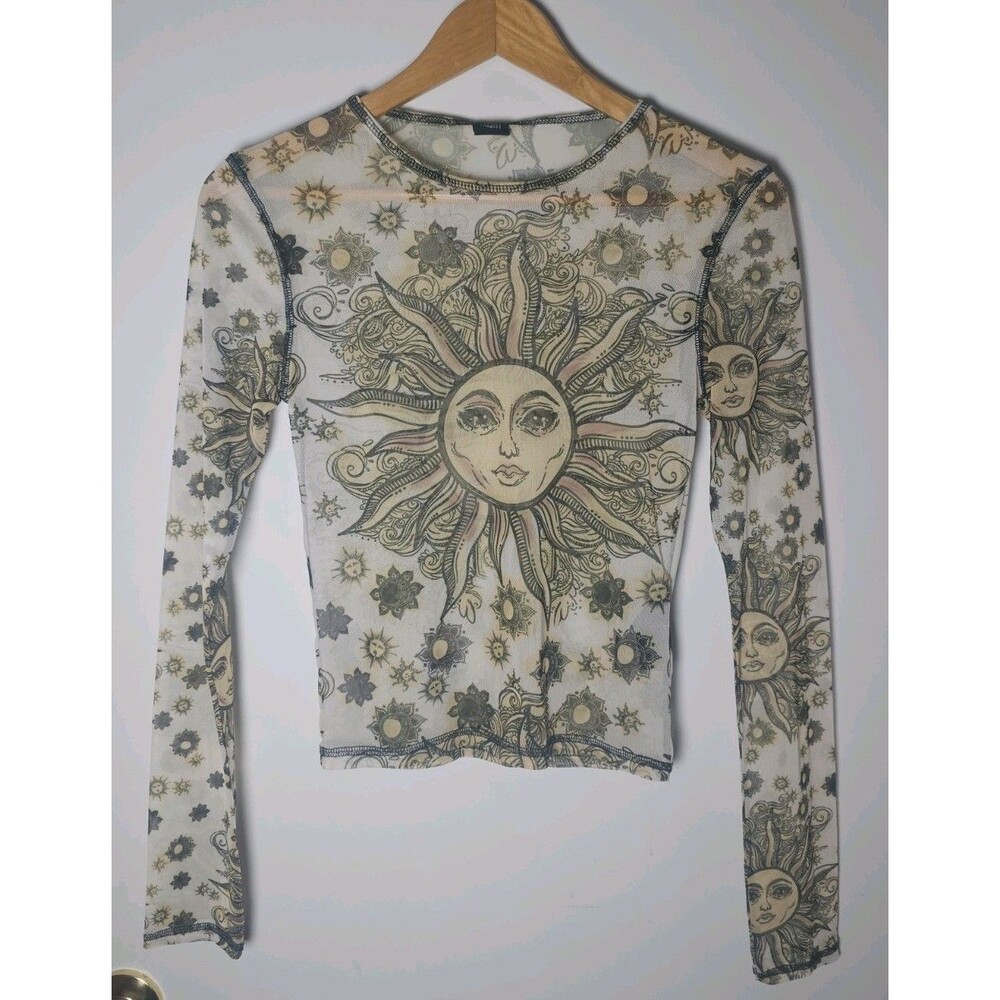 Urban Outfitters Womens Medium Sun Face Mesh Top Y2K Sheer Long Sleeve Celestial